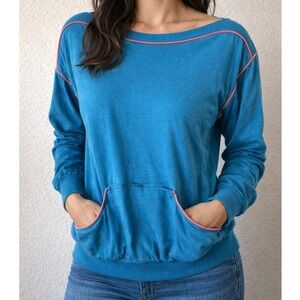 Vintage Knitwaves Turquoise Blue Pink Piping Long Sleeve Pocket Top Womens M